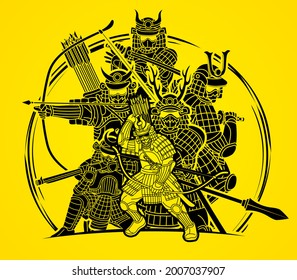Samurai Warriors with Weapons Action Group of Ronin Japanese Fighter Cartoon Graphic Vector