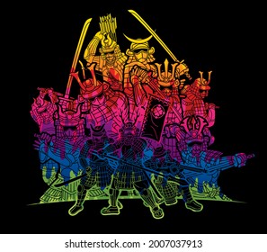 Samurai Warriors with Weapons Action Group of Ronin Japanese Fighter Cartoon Graphic Vector