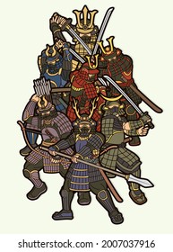 Guerreros de Samurai con grupo de acción armamentista de un vector gráfico de combate Ronin japonés