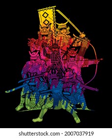 Guerreros de Samurai con grupo de acción armamentista de un vector gráfico de combate Ronin japonés