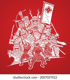 Guerreros de Samurai con grupo de acción armamentista de un vector gráfico de combate Ronin japonés