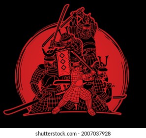 Samurai Warriors with Weapons Action Group of Ronin Japanese Fighter Cartoon Graphic Vector