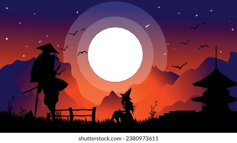 Samurai and witch wallpaper 4K desktop. samurai and witch background. sunset vibe and full moon. landscape view illustration vector background