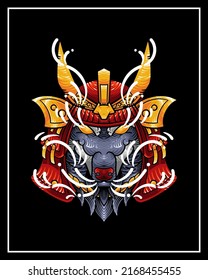 Samurai Wolf, Wolf Samurai Warrior Helmet T-Shirt Illustration Design Japanese Style. Samurai Deer Japanese Illustration Vector Isolated. Suitable for T-Shirt Design, Poster, Logo, and Wallpaper.