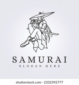 samurai woman is sitting with hat for logo vector illustration design