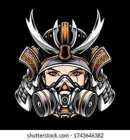 samurai woman wears respirator mask vector