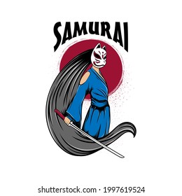 Samurai women with fox mask logo with Samurai lettering on white background