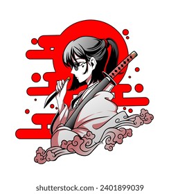 Samurai women illustration with white background, anime vector design.