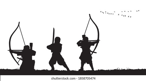 Samurai-archer with bow in field. Vector silhouette