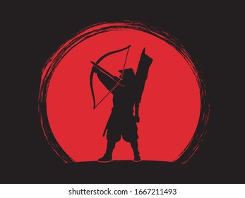 Samurai-archer with bow. Figure on sunset background.