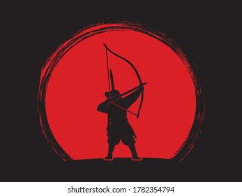 Samurai-archer with bow. Figure on sunset background.