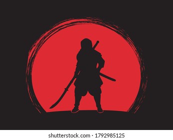 Samurai-naginata silhouette. Figure on sunset background.