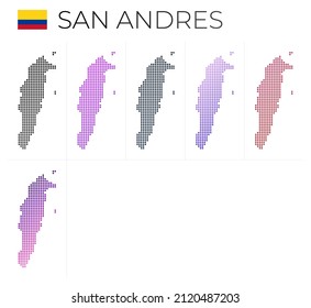 San Andres gepunkteter Kartensatz. Karte von San Andres im gepunkteten Stil. Grenzen der Insel gefüllt mit schönen glatten Gradientenzirkeln. Beeindruckende Vektorgrafik.