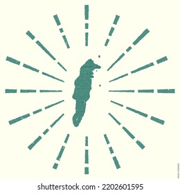 San Andres Logo. Grunge sunburst poster with map of the island. Shape of San Andres filled with hex digits with sunburst rays around. Modern vector illustration.