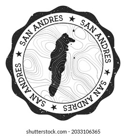 San Andres Außenmarke. Rundaufkleber mit Inselkarte mit topographischen Isolinen. Vektorgrafik. Kann als Insignien, Logotyp, Etikett, Aufkleber oder Abzeichen der San Andres verwendet werden.