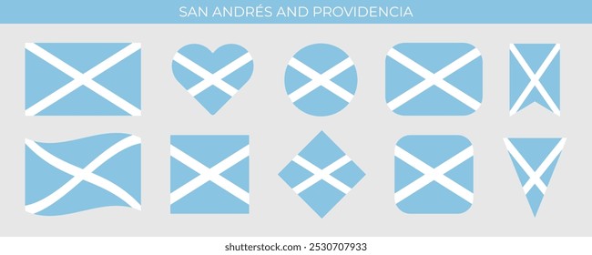 San Andres und Providencia Flaggensammlung. Flagge der kolumbianischen Region in verschiedenen Formen. Vektorgrafik einzeln auf weißem Hintergrund