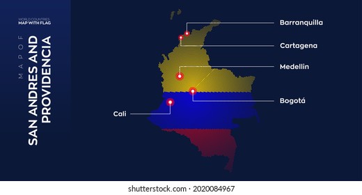 San Andres and Providencia map with flag info graphic. Abstract vector map of San Andres and Providencia with capital and major cities. Dots composition map on dark background.
