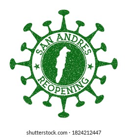 San Andres Reopening Stamp. Green round badge of island with map of San Andres. Island opening after lockdown. Vector illustration.