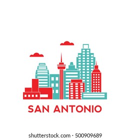 San Antonio city architecture retro vector illustration, skyline city silhouette, skyscraper, flat design