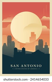 San Antonio city brutalism poster with abstract skyline, cityscape. USA Texas state retro vector illustration. US travel front cover, brochure, flyer, leaflet, presentation template, layout image