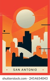 Afiche de brutalismo de la ciudad de San Antonio con horizonte abstracto, paisaje urbano. Ilustración del vector retro del estado de Texas en los Estados Unidos. Portada de viajes de EE. UU., folleto, folleto, folleto, plantilla de presentación, imagen de diseño