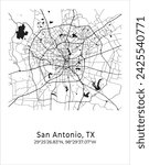 San Antonio city map. Travel poster vector illustration with coordinates. San Antonio, Texas, The United States of America Map in light mode.