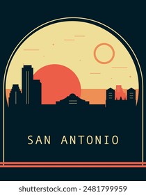 Cartel de estilo retro de la ciudad de San Antonio con horizonte, paisaje urbano. ILUSTRACIÓN VECTORIAL vintage del estado de Texas. Cubierta frontal de EE. UU., folleto, folleto, Plantilla de folleto, Imagen de diseño