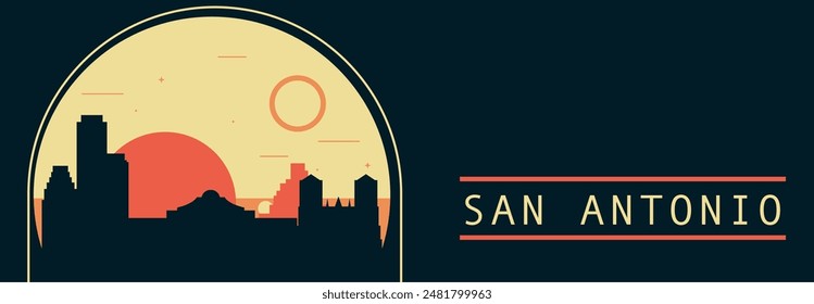 Anuncio de Vector de estilo retro de la ciudad de San Antonio con horizonte, paisaje urbano. Ilustración Horizontal vintage del estado de Texas. Diseño de viajes de los Estados Unidos de América para presentación de Web, encabezado, pie de página