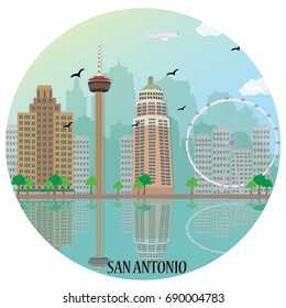 San Antonio city skyline with famous landmarks. Flat style vector illustration.