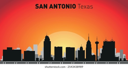 Horizonte de la ciudad de San Antonio con siluetas de edificios con el telón de fondo de un Grande sol amarillo y cielo naranja. Vector en el fondo de la puesta del sol