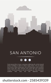 San Antonio city template for website, presentation, front page, invitation, publication sheet with skyline, landmarks. Vector Texas state, USA image layout, simple and grayscale