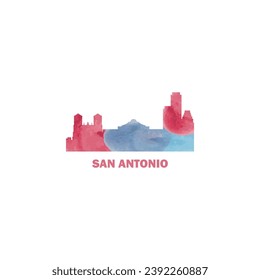 San Antonio city US watercolor cityscape skyline panorama vector flat modern logo icon. USA, Texas state of America emblem with landmarks and building silhouettes. Isolated graphic