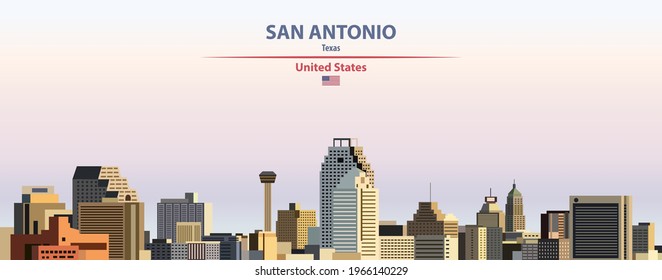 Paisaje urbano de San Antonio sobre fondo del cielo atardecer ilustración vectorial con nombre de país y ciudad y con bandera de los Estados Unidos