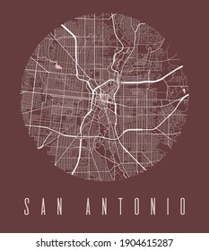 San Antonio map poster. Decorative design street map of San Antonio city. Cityscape aria panorama silhouette aerial view, typography style. Land, river, highways. Round circular vector illustration.