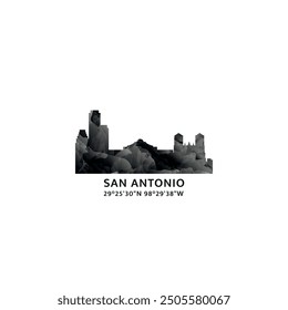 Panorama de San Antonio, insignia de Vector, logotipo e ícono del horizonte. Logotipo del horizonte de la ciudad del estado de Texas con Lugares famosos y siluetas de construcción. Gráfico abstracto brumoso aislado del gradiente para la ciudad americana