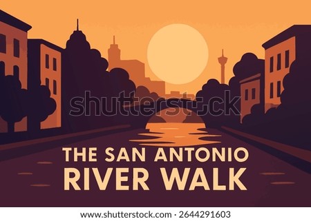 San Antonio River Walk at Sunset captures the beauty of this iconic landmark at dusk, where the river's calm waters reflect the vibrant colors of the setting sun. 