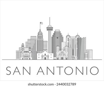 Ilustración de paisaje urbano de San Antonio en blanco y negro