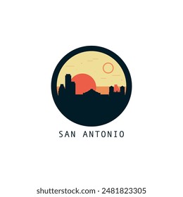 San Antonio skyline, downtown panorama logo, logotype. USA, Texas state round badge contour, isolated vector vintage pictogram with monuments, landmarks