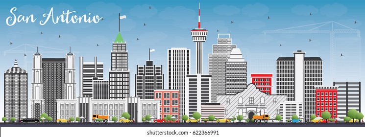 San Antonio Skyline with Gray Buildings and Blue Sky. Vector Illustration. Business Travel and Tourism Concept with Modern Architecture. Image for Presentation Banner Placard and Web Site.