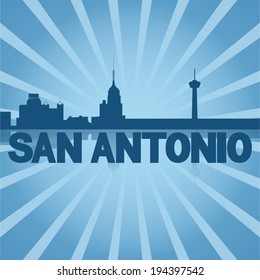 San Antonio skyline reflected with blue sunburst vector illustration