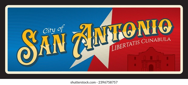 Sticker de San Antonio, placa de viaje de los Estados Unidos. Banner de Estados Unidos, placa vectorial de lata vintage con símbolo de estrella de bandera. Tarjeta postal o tarjeta de recuerdo para el tour de vacaciones en Estados Unidos, lema Libertatis Cunabula