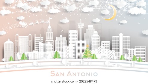 San Antonio Texas City Skyline in Paper Cut Style with Snowflakes, Moon and Neon Garland. Vector Illustration. Christmas and New Year Concept. Santa Claus on Sleigh. San Antonio Cityscape.