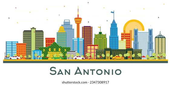 San Antonio Texas city Skyline with Color Buildings isolated on white. Vector Illustration. Business Travel and Tourism Concept with Modern Architecture. San Antonio Cityscape with Landmarks.