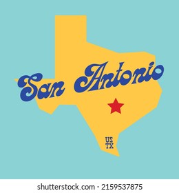 San Antonio with Texas state map on blue background can be use for advertisement banner website template souvernier printing coffee mug cap T-shirt printing