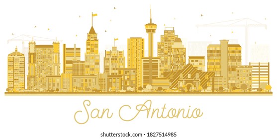 San Antonio Texas USA City Skyline Silhouette with Golden Buildings Isolated on White. Vector Illustration. Business and Tourism Concept with Historic Architecture. San Antonio Cityscape with Landmark