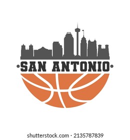 San Antonio, TX, USA Basketball Skyline City Silhouette Vector. Símbolos de iconos de estilo de diseño de canasta. Sport America Ball.