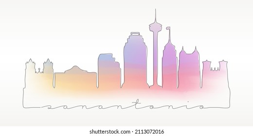 Ilustración de la ciudad de la acuarela del Skyline de San Antonio, TX, Estados Unidos. Edificios Famosos Silueta Con La Mano Dibuja Un Dibujo De Dibujo De Dibujo De Dibujo De Dibujos De Dibujo De Un Vector.