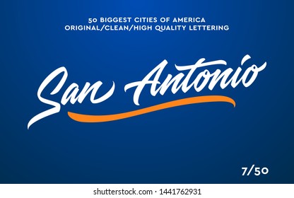 San Antonio, USA hand made calligraphic lettering in original style. US cities typographic script font for prints, advertising, identity. Hand drawn touristic art in high quality. Travel and adventure