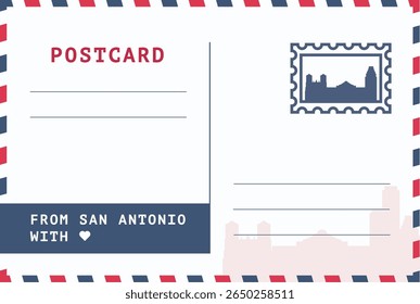 De San Antonio, modelo de cartão postal dos EUA. Ilustração de cartão-postal vetorial com carimbo, ponto de referência, mensagem. Layout de imagem simples de saudações simples