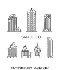San Diego architecture line skyline illustration. Linear vector cityscape with famous landmarks